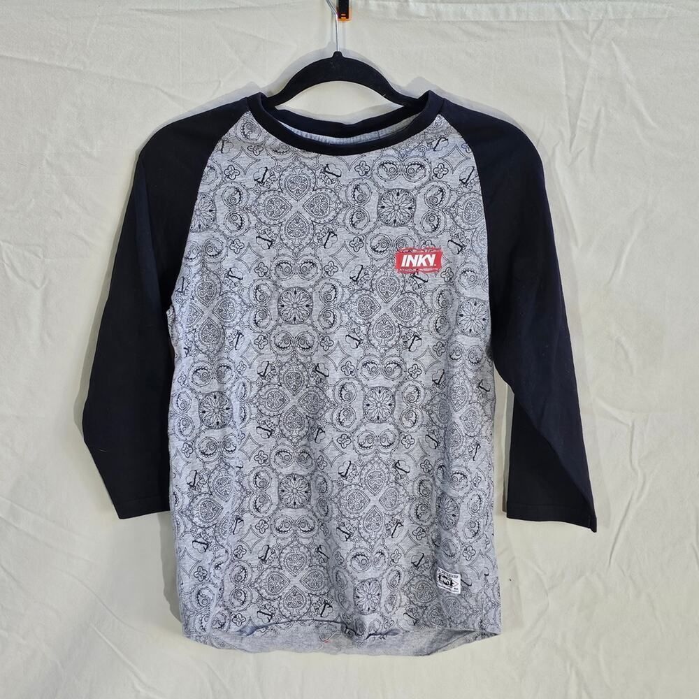 INKY Black White Bandana Print Long Sleeve Raglan Shirt Men's Size S